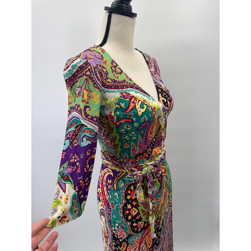 Etro Milano Boho 3/4 Sleeve Midi Wrap Dress Italy 38 Small 2 Deep V Belted Artsy - Picture 6 of 15